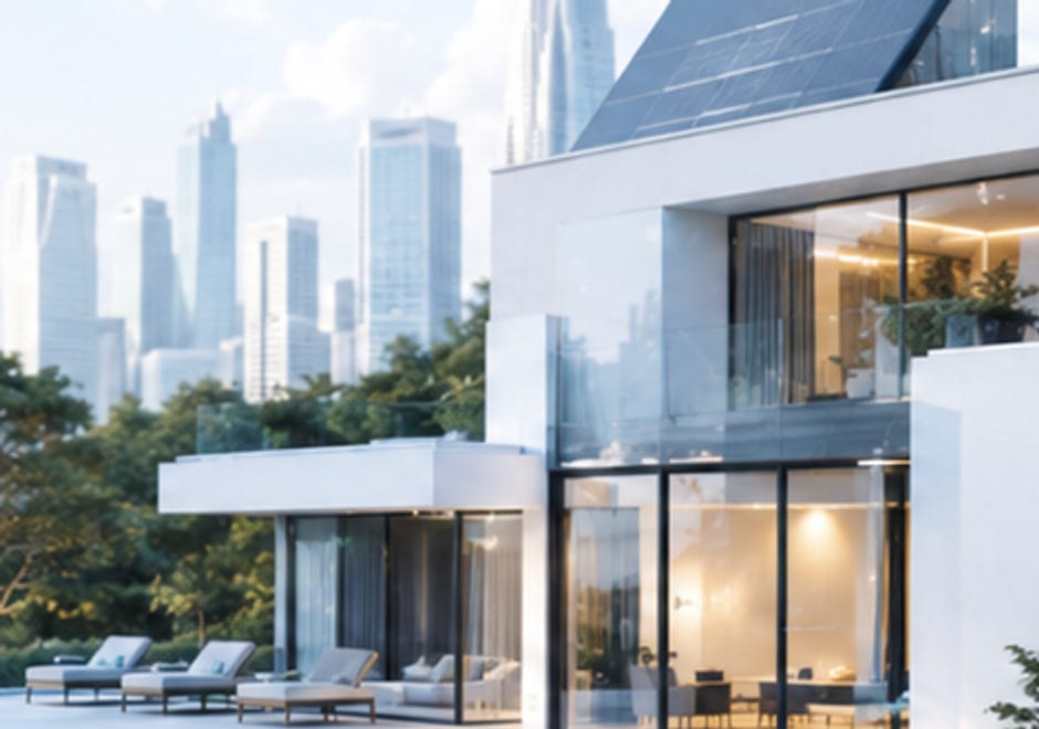 A modern glass house with a solar roof above a city skyline, a stream of light running toward it.