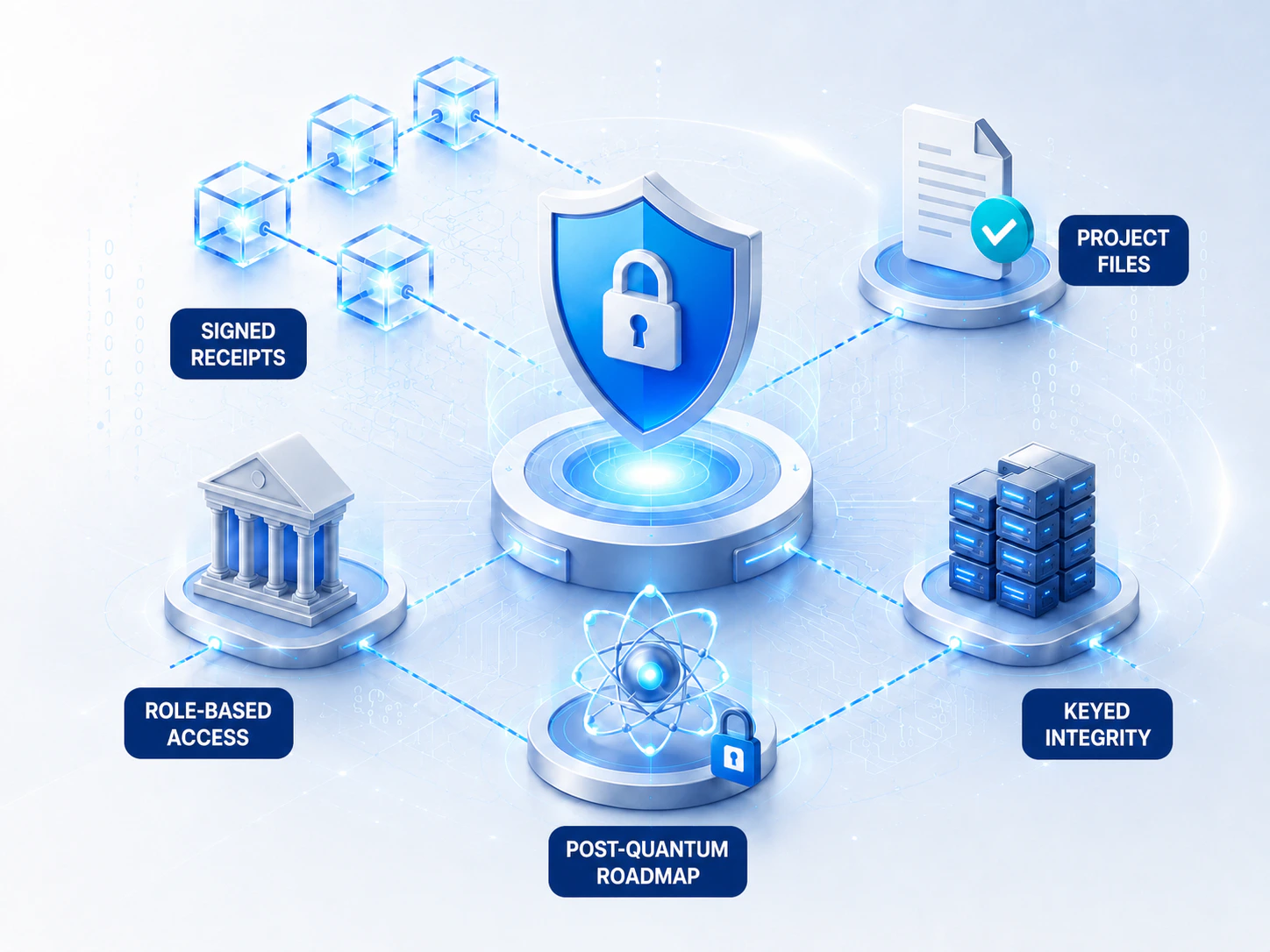 DuckWater technology shown as one connected system: signed receipts, Project Files, role-based access, keyed integrity, and a post-quantum roadmap around a secured platform.